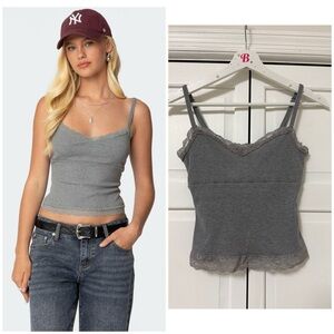 EDIKTED Mireille Lacey Tank Top Cropped Women’s XS Y2K Insp Babydoll Lace Trim